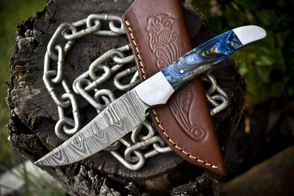 Twist Damascus Skinner Knife with Micarta Handle and Steel Bolster – 9.5" Custom Hunting Blade