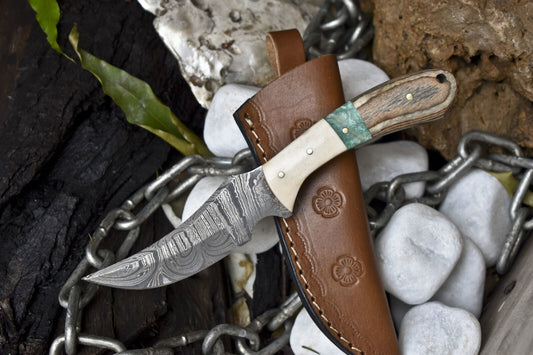 Twist Damascus Skinner Knife with Mixed Handle – Handmade Tactical Hunting Knife