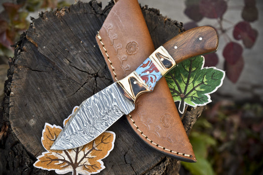 Twist Damascus Skinner Knife with Mixed Handle for Hunting and Outdoor Use