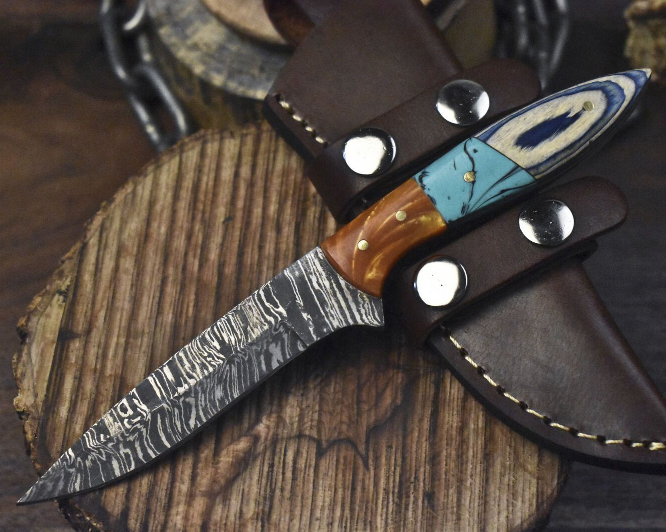 Twist Damascus Skinner Knife with Mixed Material Handle Custom Tactical Blade