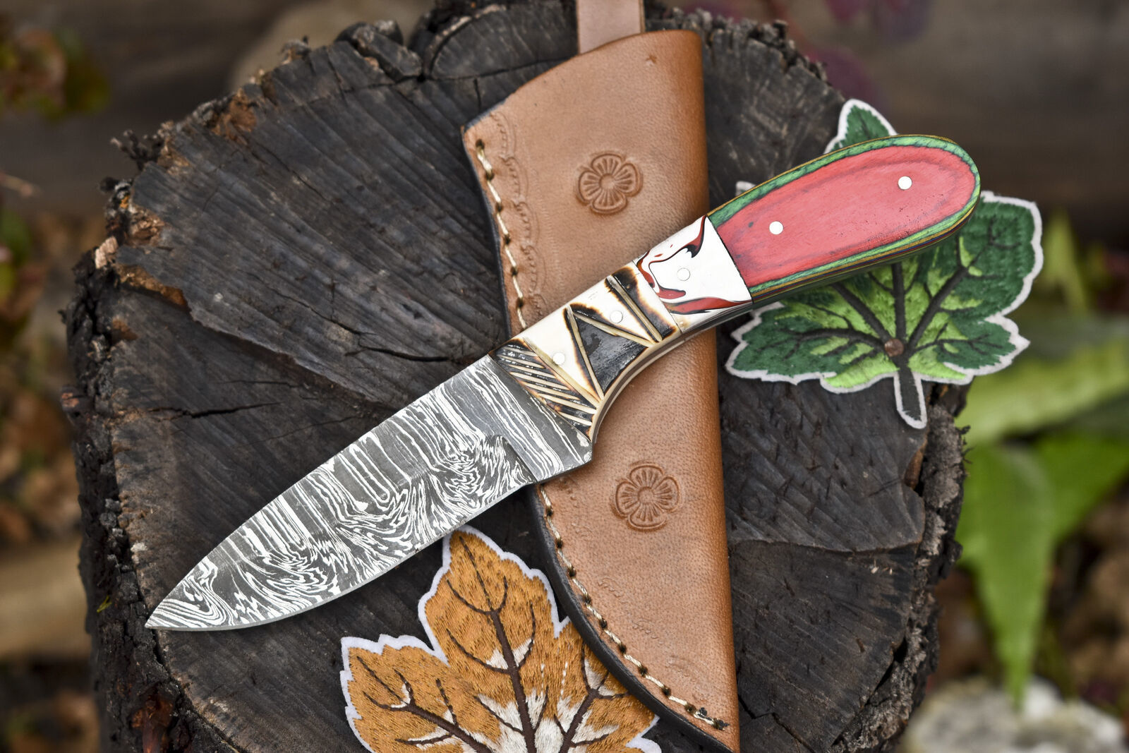 Twist Damascus Skinner Knife with Mixed Material Handle and Leather Sheath