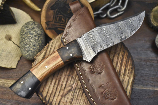 Twist Damascus Skinner Knife with Olive Wood Handle – Hand Forged EDC Hunting Blade

