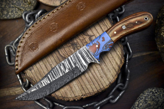 Twist Damascus Skinner Knife with Olive Wood Handle and Micarta Bolster for Camping and Hunting
