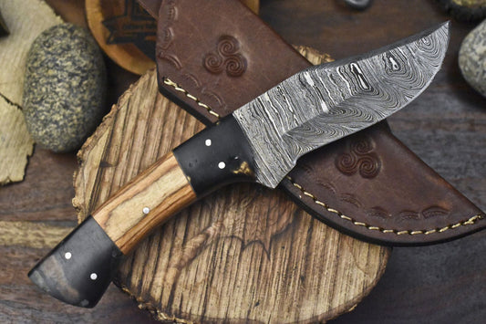Twist Damascus Skinner Knife with Olive Wood Handle and Micarta Bolster for Hunting