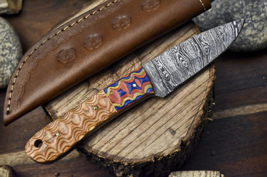 Twist Damascus Skinner Knife with Olive Wood Handle and Wooden Bolster