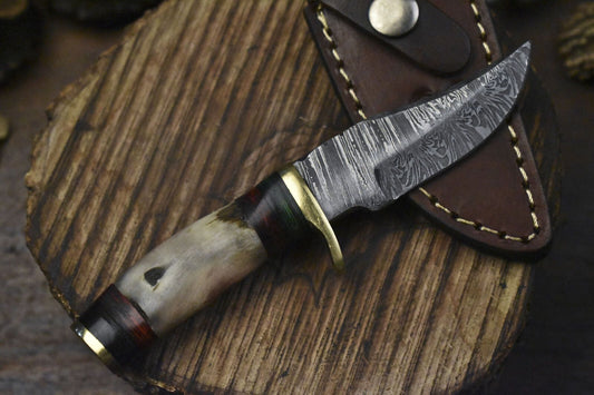 Twist Damascus Skinner Knife with Ram's Horn Handle – Hand Forged Custom Tactical Blade