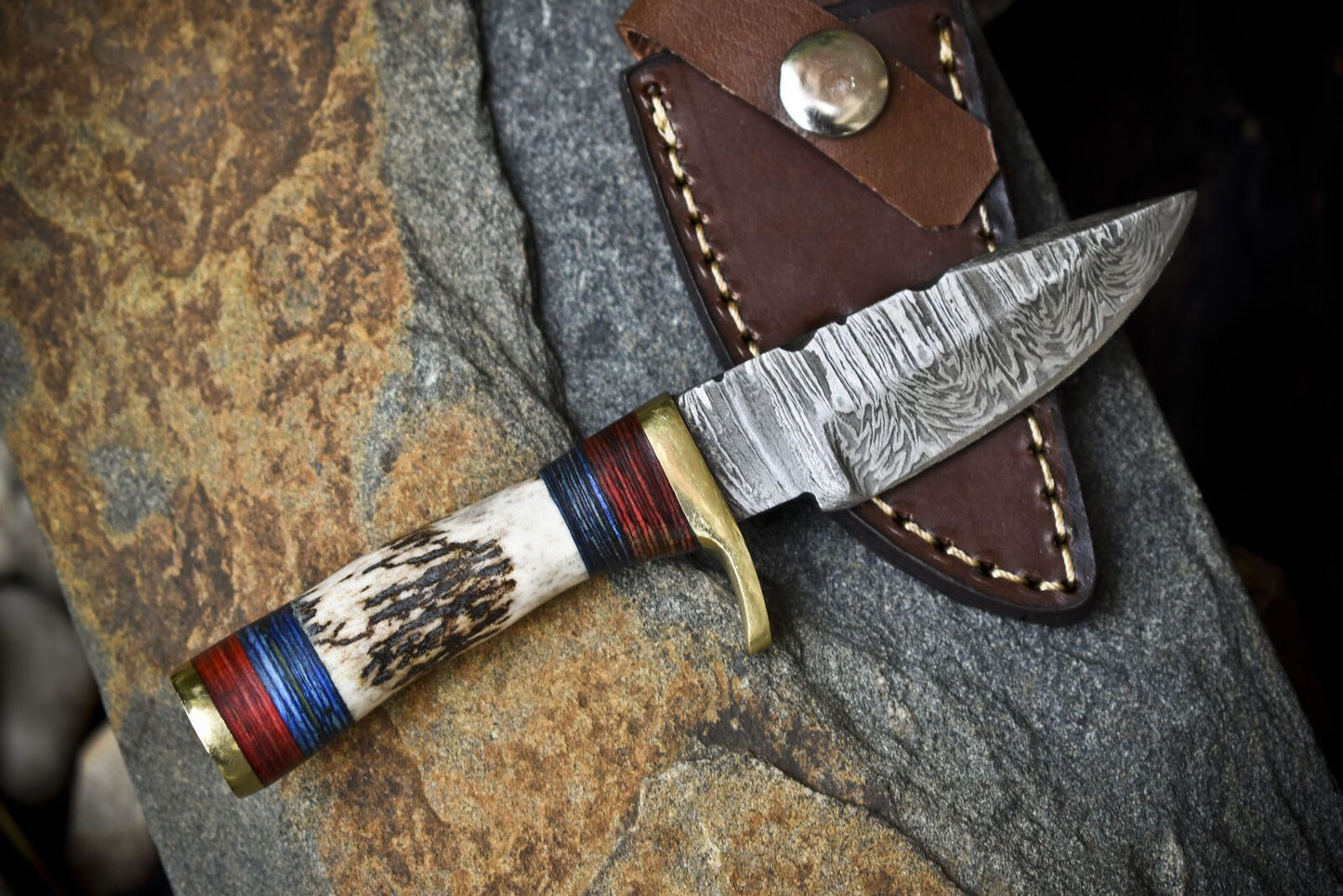 Twist Damascus Skinner Knife with Stag Antler Handle | Hand Forged EDC Knife