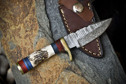 Twist Damascus Skinner Knife with Stag Antler Handle | Hand Forged EDC Knife