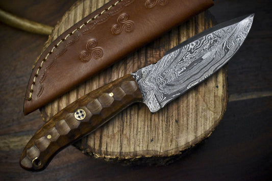 Twist Damascus Skinner Knife with Walnut Wood Handle – 8.5" Handmade EDC Hunting Blade