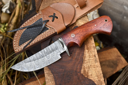 Twist Damascus Skinner Knife with Walnut Wood Handle – Handmade Forged Hunting and Gift Blade with Leather Sheath