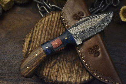 Twist Damascus Skinner Knife with Walnut Wood Handle and Micarta Bolster – Premium Handmade Hunting Blade
