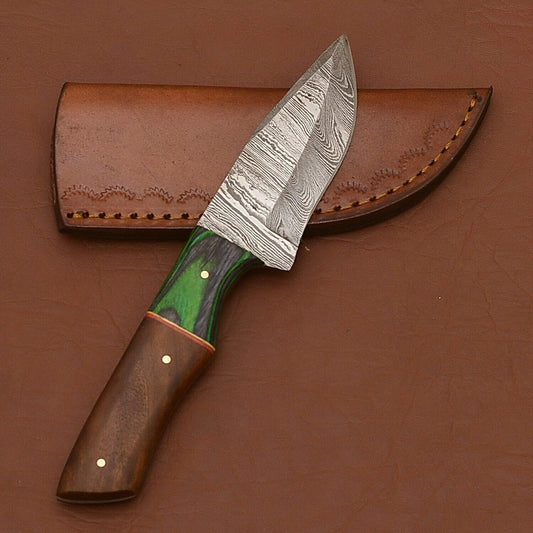 Twist Damascus Skinner Knife with Wood Handle and Leather Sheath for Hunting and Camping