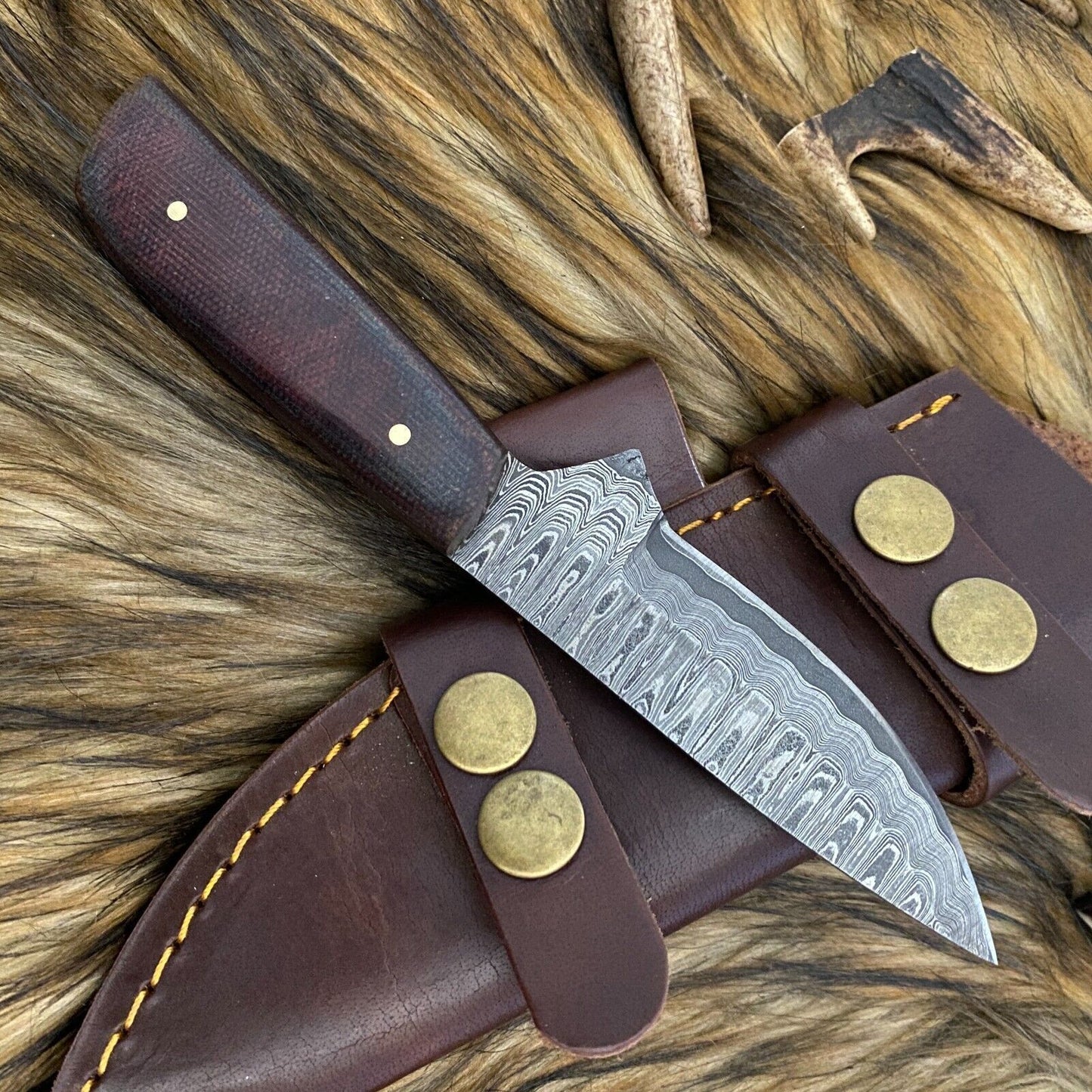 Twist Damascus Steel Skinner Knife Full Tang Cleaver Style with Wood Handle and Sheath