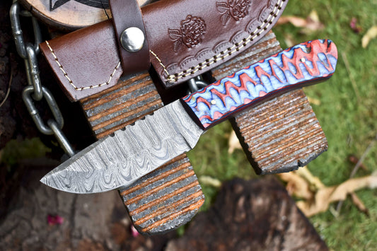 Twist Damascus Steel Skinner Knife with Hardwood Handle – Hand-Forged Hunting Blade with Leather Sheath
