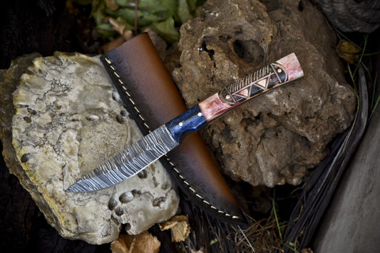 Twist Pattern Damascus Skinner Knife – Bone Handle with Micarta Bolster and Leather Sheath for Fishing & Hunting