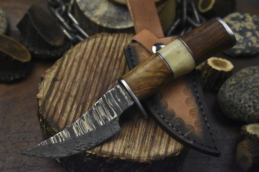 Twist Pattern Damascus Skinner Knife Bone and Wood Handle – Handmade Fixed Blade Hunting Knife

