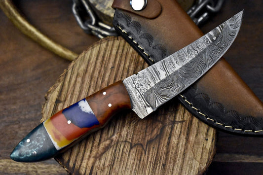 Twist Pattern Damascus Skinner Knife with Corian Handle – Hand Forged Custom Fixed Blade Hunting Knife