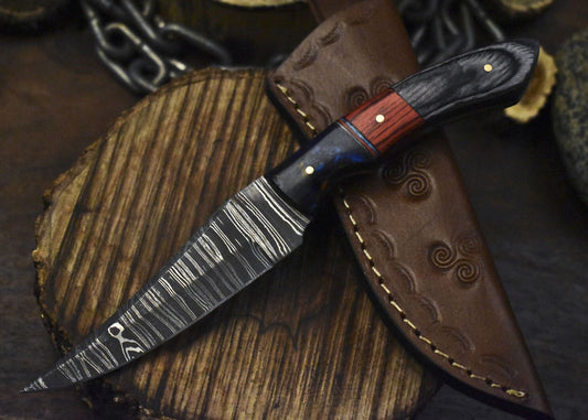 Twist Pattern Damascus Skinner Knife with Hard Wood Handle – Custom Handmade Hunting & Camping Knife