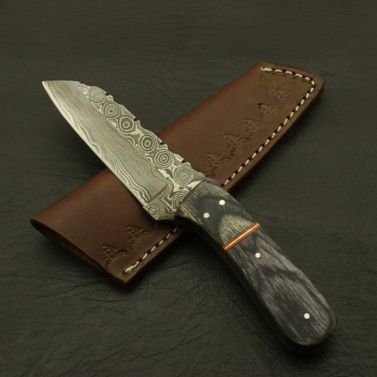 Twist Pattern Damascus Steel Skinner Hunting Knife – Engraved Pakka Wood Handle with Leather Sheath