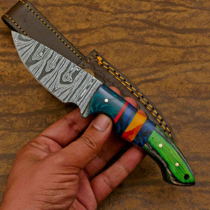 Twist Pattern Damascus Steel Skinner Knife with Resin Wood Handle – Handmade EDC Hunting Blade