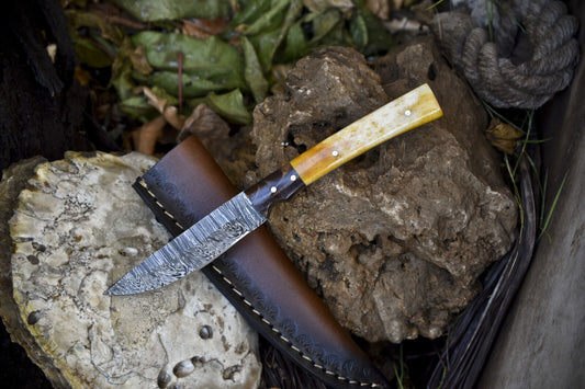 Unique Damascus Skinner Hunting Knife with Twist Pattern Bone Handle and Micarta Bolster