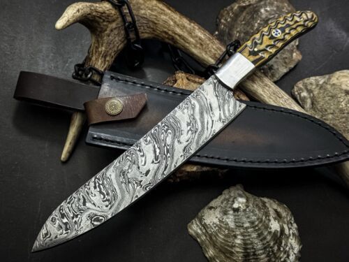 Unique Handmade Damascus Chef Knife | Wood Handle, Cow Leather Sheath, Full Tang

