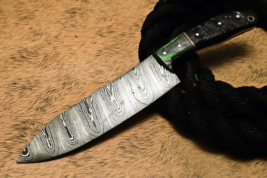 Unique Handmade Damascus Steel Hunting Chef Knife with Ram’s Horn Handle – 12.2" Custom Blade