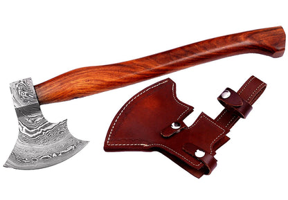   Viking Damascus Axe Hatchet Tomahawk with Wood Handle and Leather Sheath