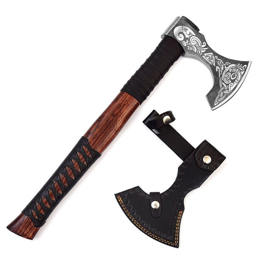 Viking Medieval Battle Axe with Decorated Carbon Steel Blade and Leather Wrapped Sheesham Handle 18.5 Inch with Sheath
