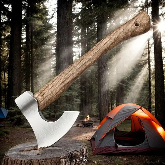 Viking Style Camping Axe Hand Forged Steel Bearded Axe for Chopping and Logging with Leather Sheath