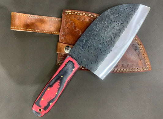 Vintage Japanese Damascus Steel Meat Cleaver – 7" Butcher Chef Kitchen Knife with Leather Sheath