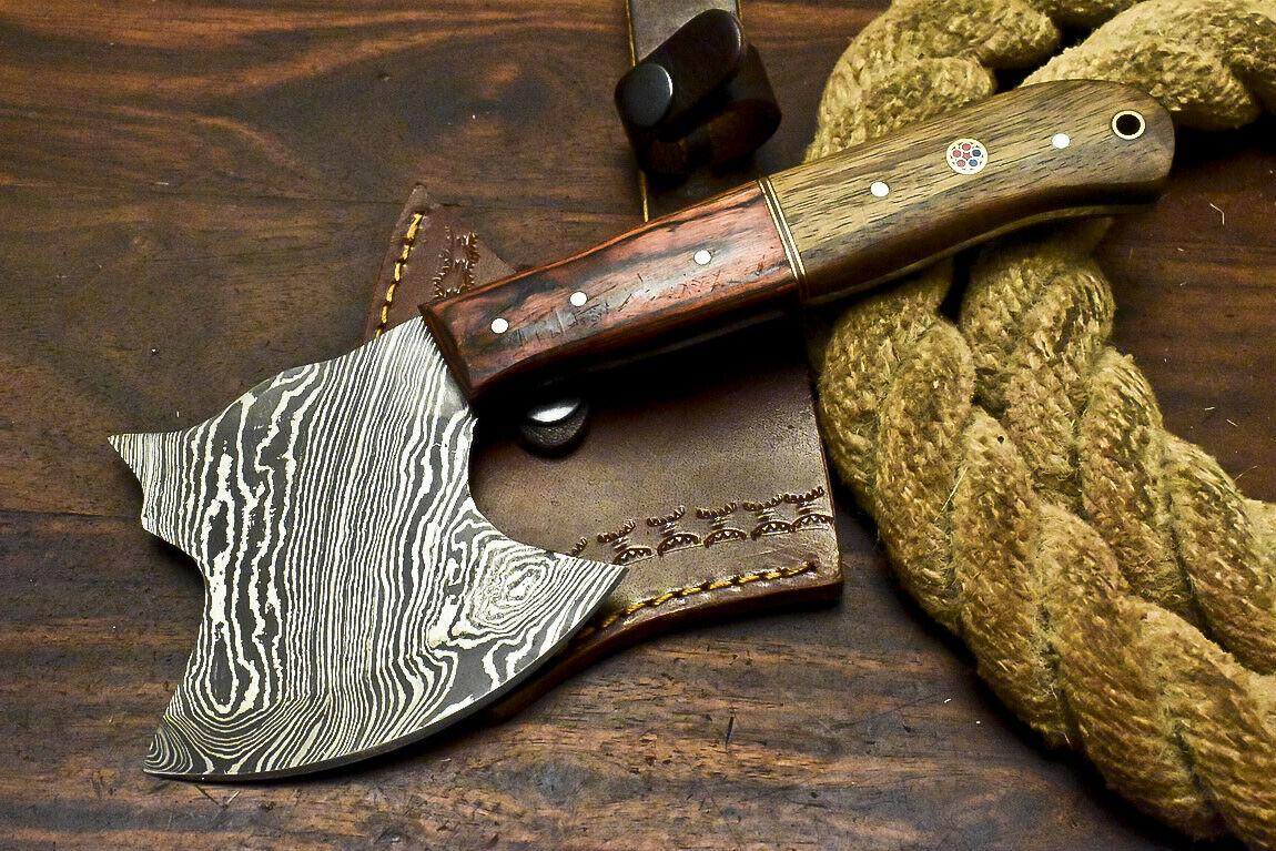 Handmade Damascus Walnut Wood Hunting Clever Chopper Axe Knife with Leather Sheath