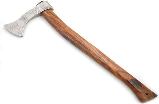 Warrior Battle Ready Viking Axe – 18" High Carbon Steel Tomahawk with Skull Engraving and Leather Sheath