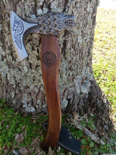 Wolf Hammer Carbon Steel Axe Viking Bearded Axe with Wooden Handle & Leather Sheath
