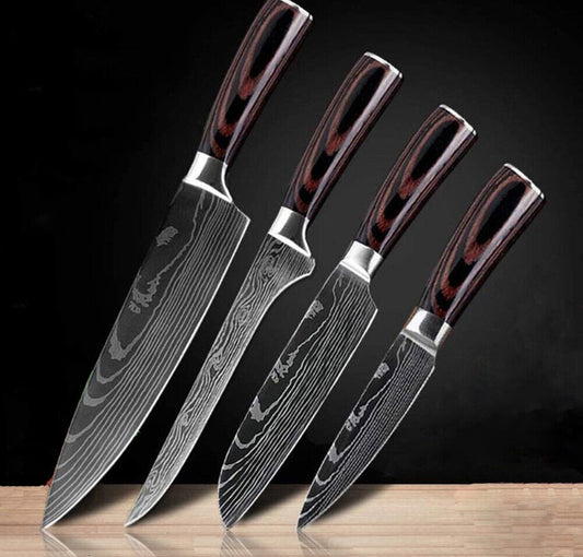 Wood Handle 4-Piece Japanese Style Damascus Pattern Chef Knife Set | Professional Kitchen Knives