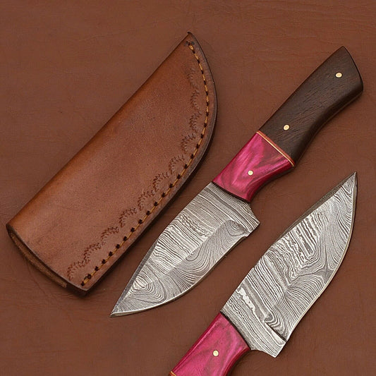 Wood Handle Damascus Steel Skinning Knife – 8 Inch Fixed Blade for Hunting and Camping