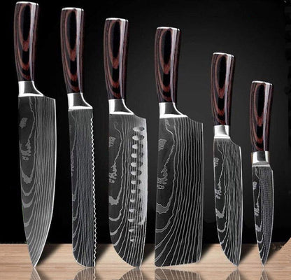 6PCS Japanese Kitchen Chef Knives Set – Laser Damascus Pattern, High Carbon Stainless Steel, Color Wood Handle