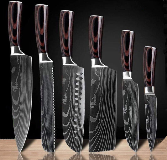 6PCS Japanese Kitchen Chef Knives Set – Laser Damascus Pattern, High Carbon Stainless Steel, Color Wood Handle