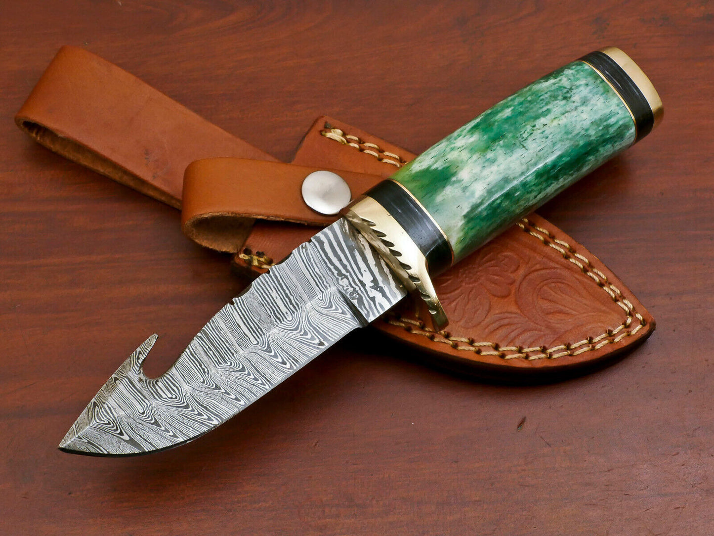 8" Handmade Damascus Gut Hook Hunting Knife | Stained Camel Bone & Pakka Wood Handle