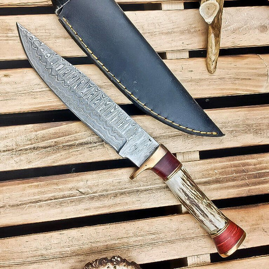 Heritage Forge 9 Inch Damascus Steel Hunting Knife Stag Antler Hardwood Handle with Sheath