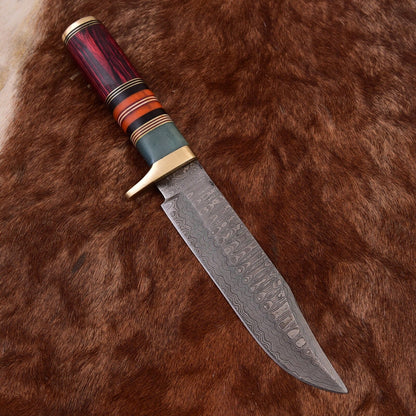 Custom Forged Damascus Steel Bowie Knife with Wood Handle and Leather Sheath