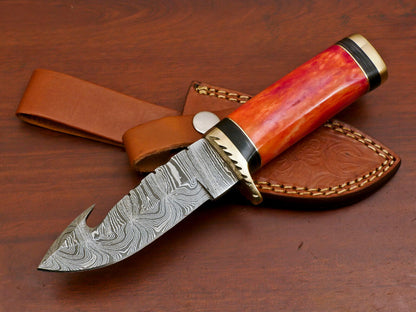 Custom Handmade Damascus Gut Hook Hunting Knife with Stained Bone and Pakka Wood Handle