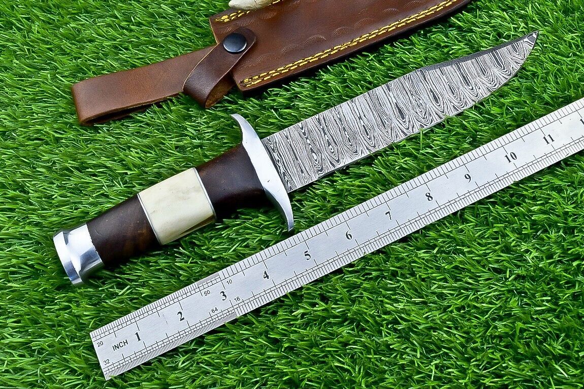 Heritage Forge 12 Inch Camel Bone and Wood Damascus Bowie Knife for Hunting and Camping