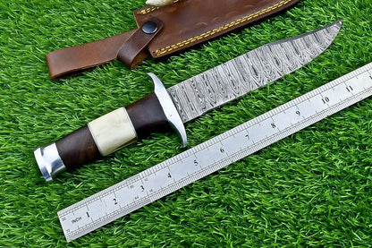 Heritage Forge 12 Inch Camel Bone and Wood Damascus Bowie Knife for Hunting and Camping