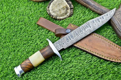 Heritage Forge 13 Inch Damascus Bowie Knife with Camel Bone and Wood Handle