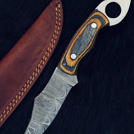 Heritage Forge 10.5 Inch Twist Damascus Steel Skinner Knife with Camel Bone and Wood Handle