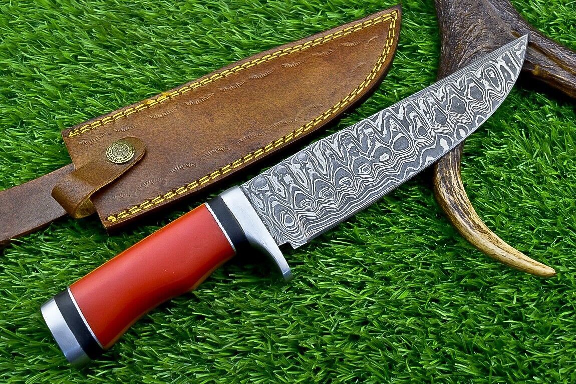 Heritage Forge 12 Inch Handmade Damascus Steel Bowie Knife with Resin Handle and Leather Sheath