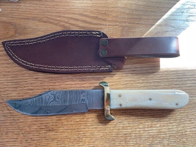 Heritage Forge Damascus Steel Coffin Handle Bowie Knife Natural Bone Grip with Leather Sheath