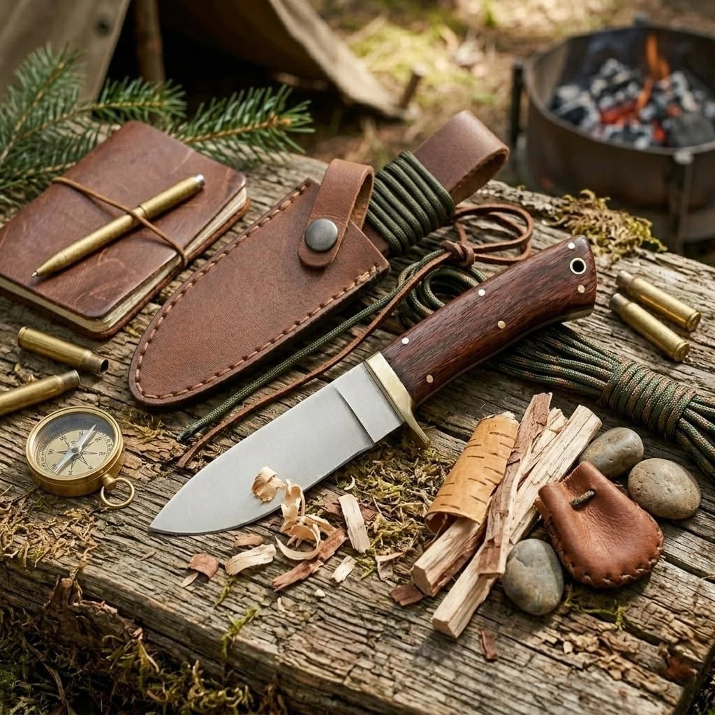 8" Handmade Steel Hunting Knife with Rosewood Handle & Brass Bolster