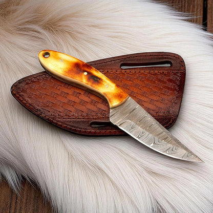 Handmade Damascus Cowboy Skinner Knife with 4" Blade & Bone Handle